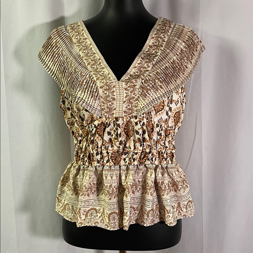NWT Rachel Zoe Multicolor Floral Print Pleated V-Neck Ruffle Hem Blouse